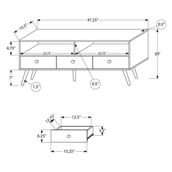 Monarch Specialties I 2835 | Meuble TV - 48" - 3 Tiroirs - Concept mi-siècle - Imitation Bois noyer