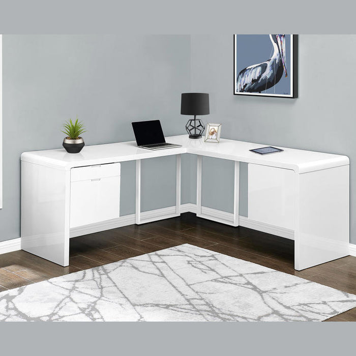 Monarch Specialties I 7582 | Meuble d'ordinateur - 70" - En coin - Conception en L - Configuration réversible - Avec tiroirs - Fini blanc lustré