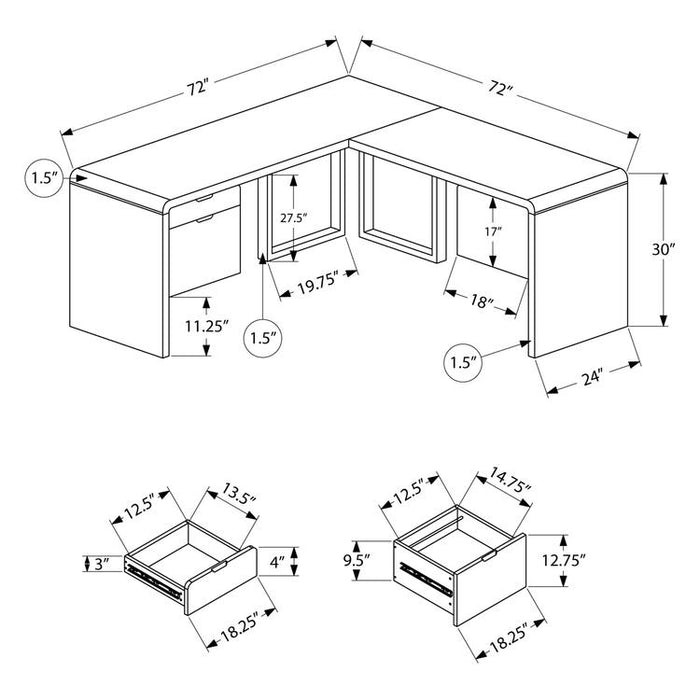 Monarch Specialties I 7582 | Meuble d'ordinateur - 70" - En coin - Conception en L - Configuration réversible - Avec tiroirs - Fini blanc lustré